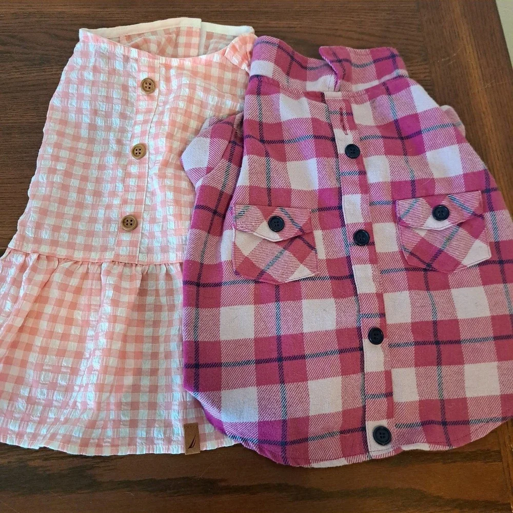 Nautica Pet Dress and Top Paw Plaid Shacket Bundle Pink Gingham Medium 2pc Set